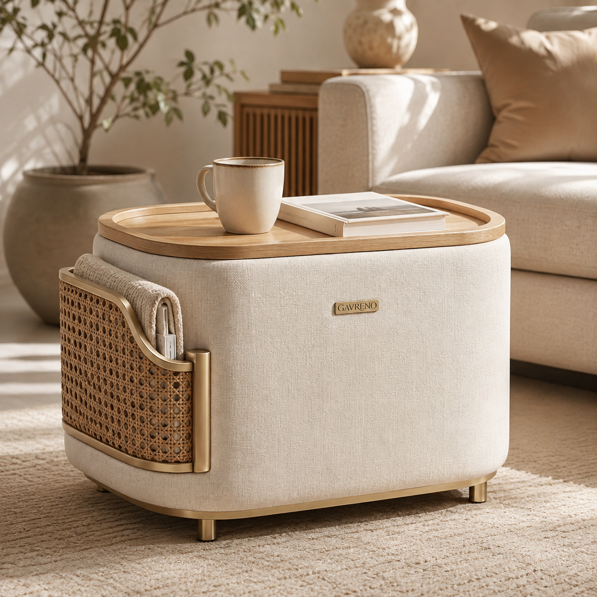 Gavreno Upholstered Side Table with Wood Tray Top & Woven Side Pocket