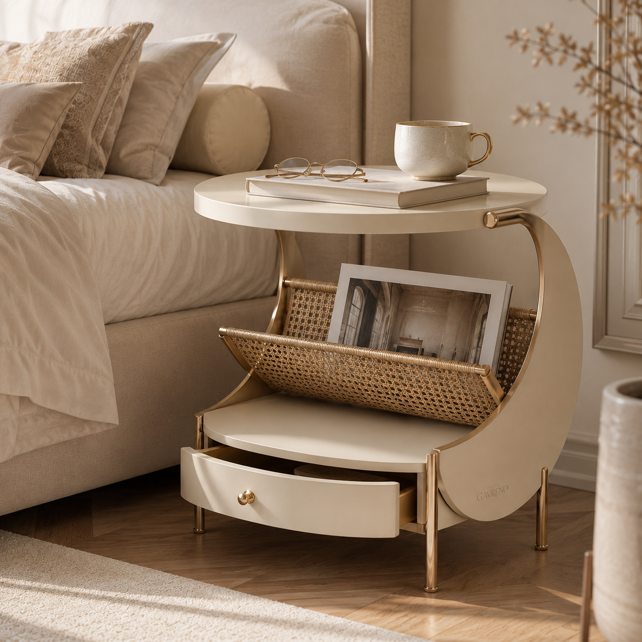 Gavreno Curved Side Table with Woven Magazine Rack & Storage Drawer