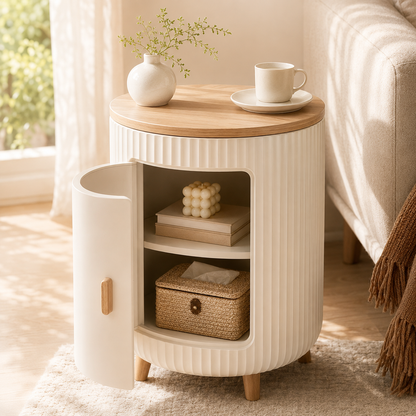 Gavreno Ribbed Storage Side Table with Cabinet & Wood-Style Top