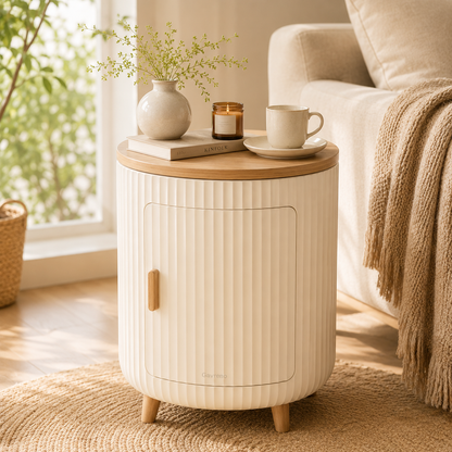Gavreno Ribbed Storage Side Table with Cabinet & Wood-Style Top