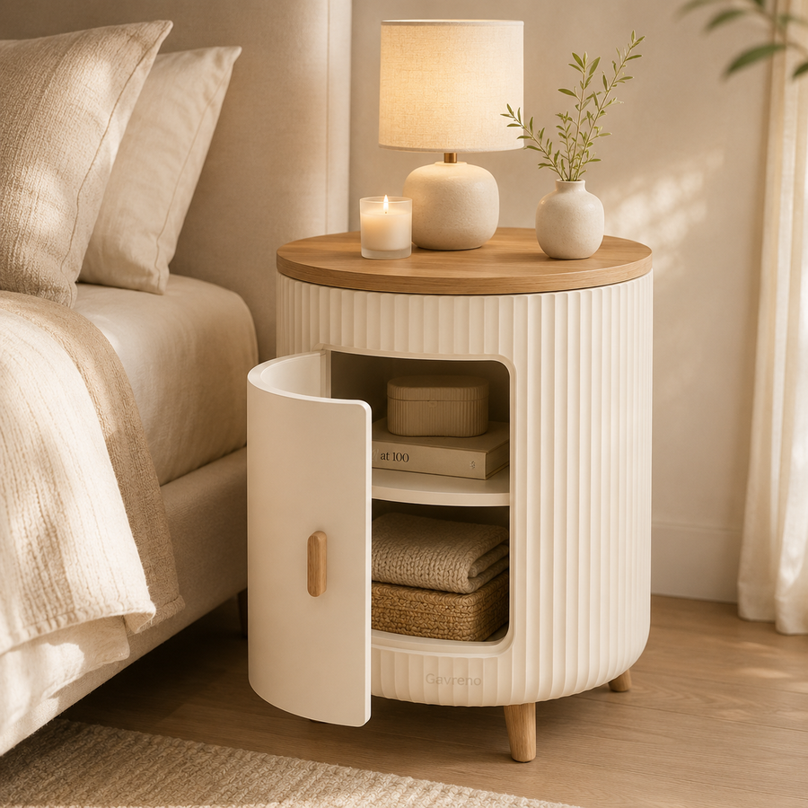 Gavreno Ribbed Storage Side Table with Cabinet & Wood-Style Top