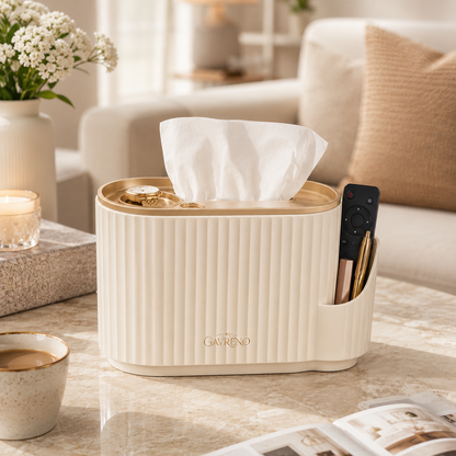 Gavreno Ribbed Tissue Box Organizer with Side Storage & Top Tray
