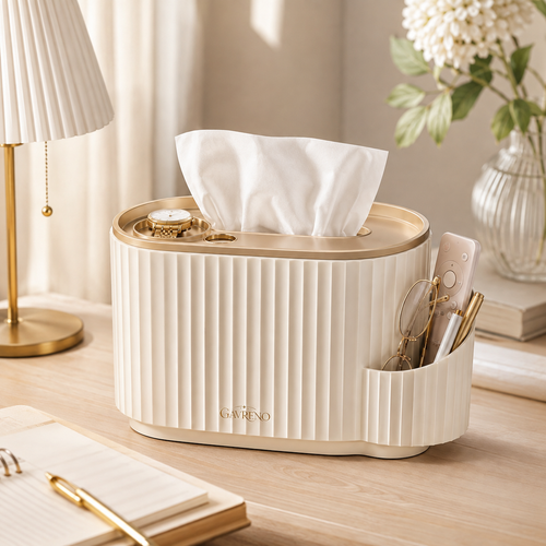 Gavreno Ribbed Tissue Box Organizer with Side Storage & Top Tray
