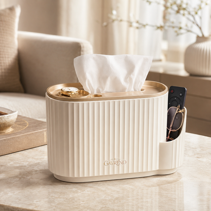 Gavreno Ribbed Tissue Box Organizer with Side Storage & Top Tray