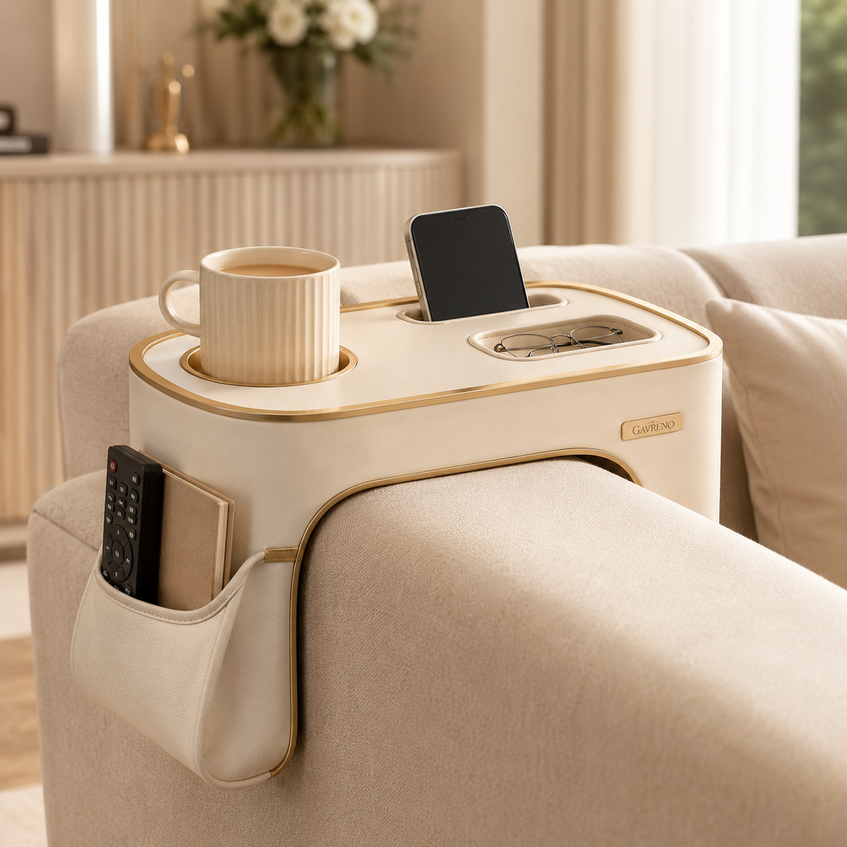 Gavreno Sofa Armrest Organizer Tray with Cup Holder, Phone Slot & Side Pocket