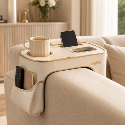 Gavreno Sofa Armrest Organizer Tray with Cup Holder, Phone Slot & Side Pocket
