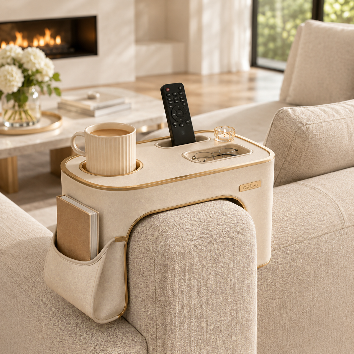 Gavreno Sofa Armrest Organizer Tray with Cup Holder, Phone Slot & Side Pocket
