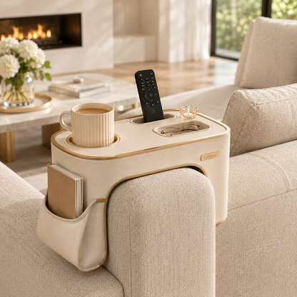 Gavreno Sofa Armrest Organizer Tray with Cup Holder, Phone Slot & Side Pocket