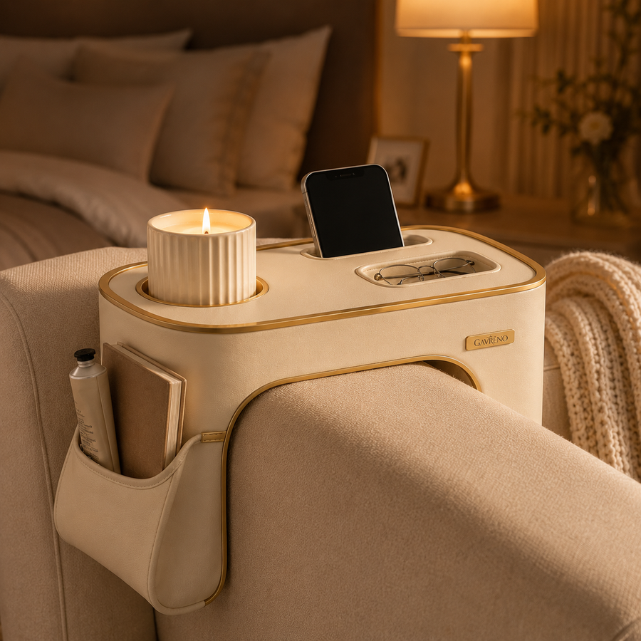 Gavreno Sofa Armrest Organizer Tray with Cup Holder, Phone Slot & Side Pocket