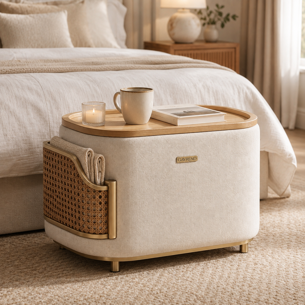 Gavreno Upholstered Side Table with Wood Tray Top & Woven Side Pocket