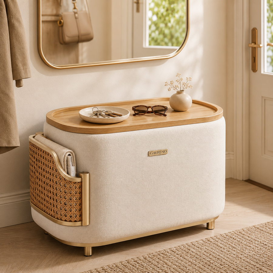 Gavreno Upholstered Side Table with Wood Tray Top & Woven Side Pocket