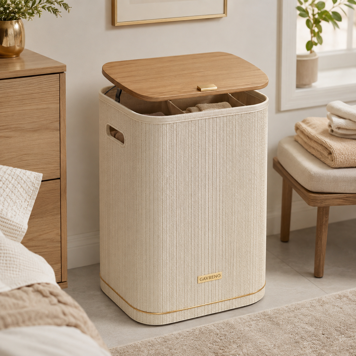 Gavreno Divided Laundry Hamper with Wood-Style Lid, Dual Compartments & Side Handles