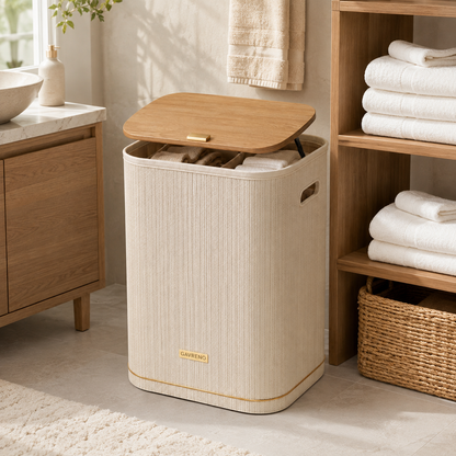 Gavreno Divided Laundry Hamper with Wood-Style Lid, Dual Compartments & Side Handles