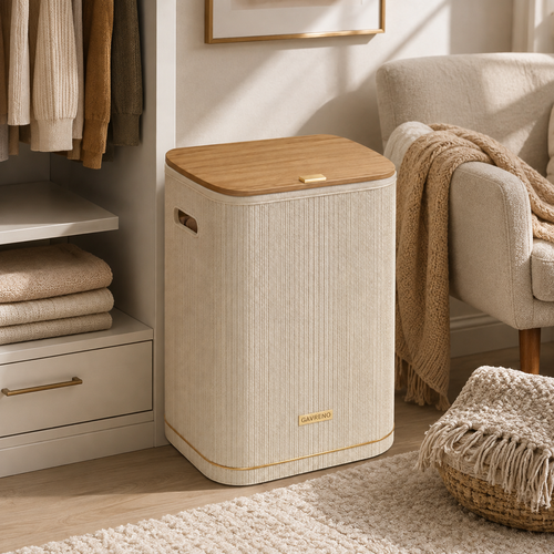 Gavreno Divided Laundry Hamper with Wood-Style Lid, Dual Compartments & Side Handles