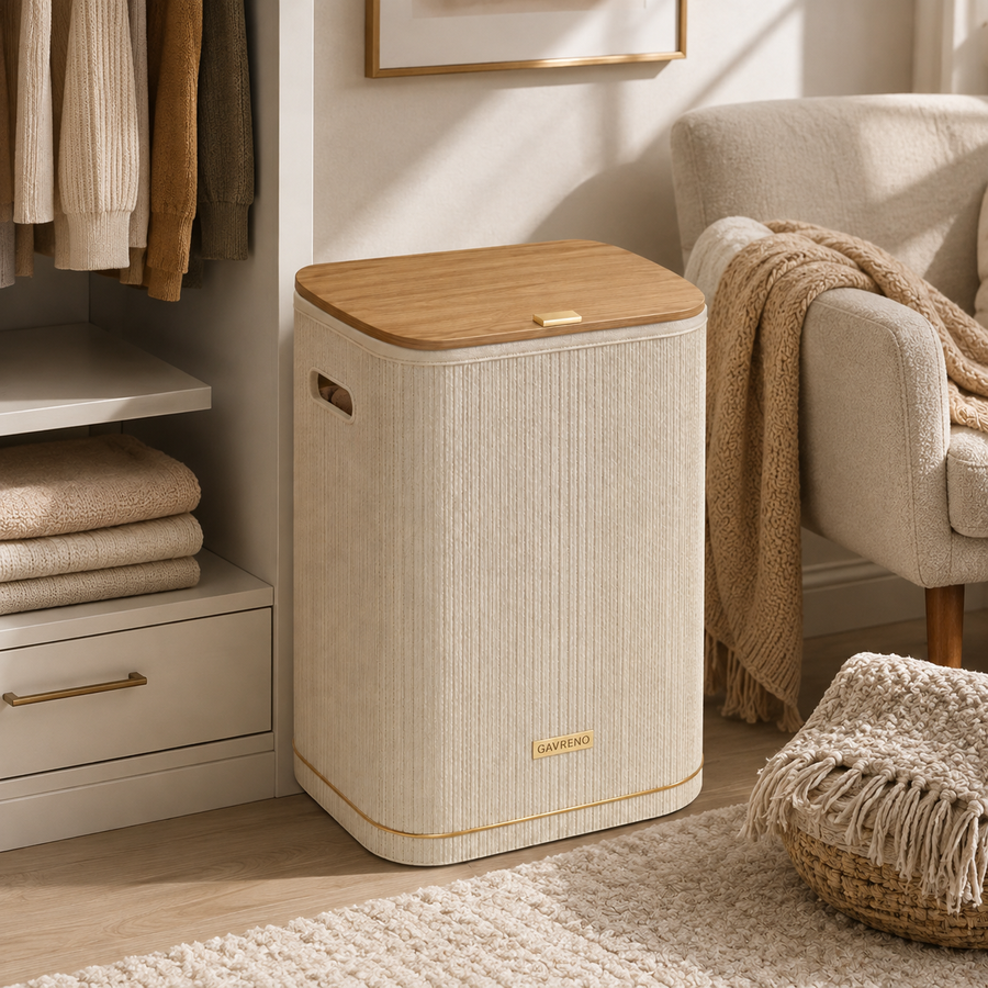 Gavreno Divided Laundry Hamper with Wood-Style Lid, Dual Compartments & Side Handles
