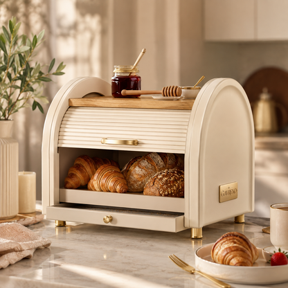Gavreno Countertop Roll-Top Bread Box with Wood-Style Top & Pull-Out Tray