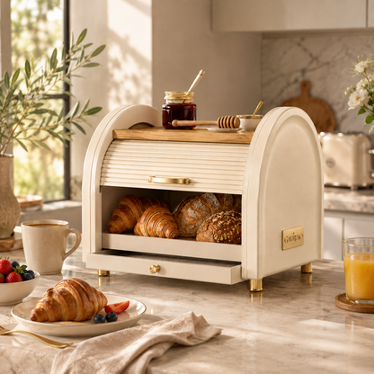 Gavreno Countertop Roll-Top Bread Box with Wood-Style Top & Pull-Out Tray