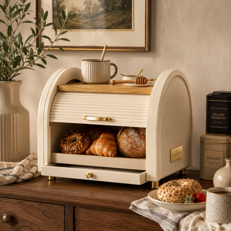 Gavreno Countertop Roll-Top Bread Box with Wood-Style Top & Pull-Out Tray