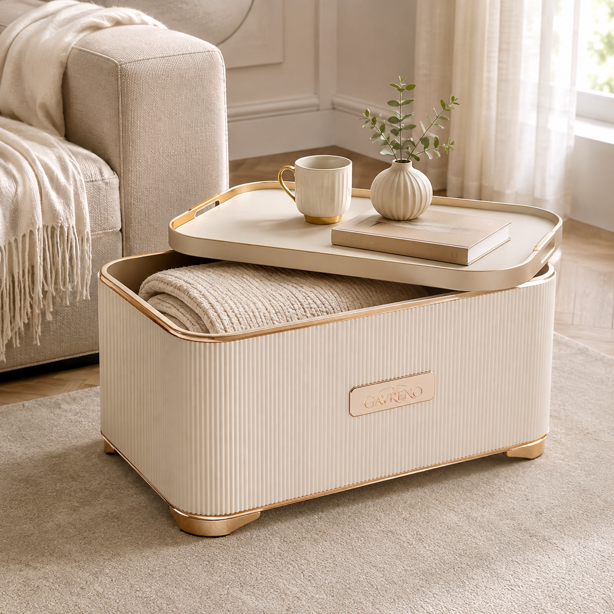 Gavreno Ribbed Blanket Storage Chest with Removable Tray Top & Hidden Storage