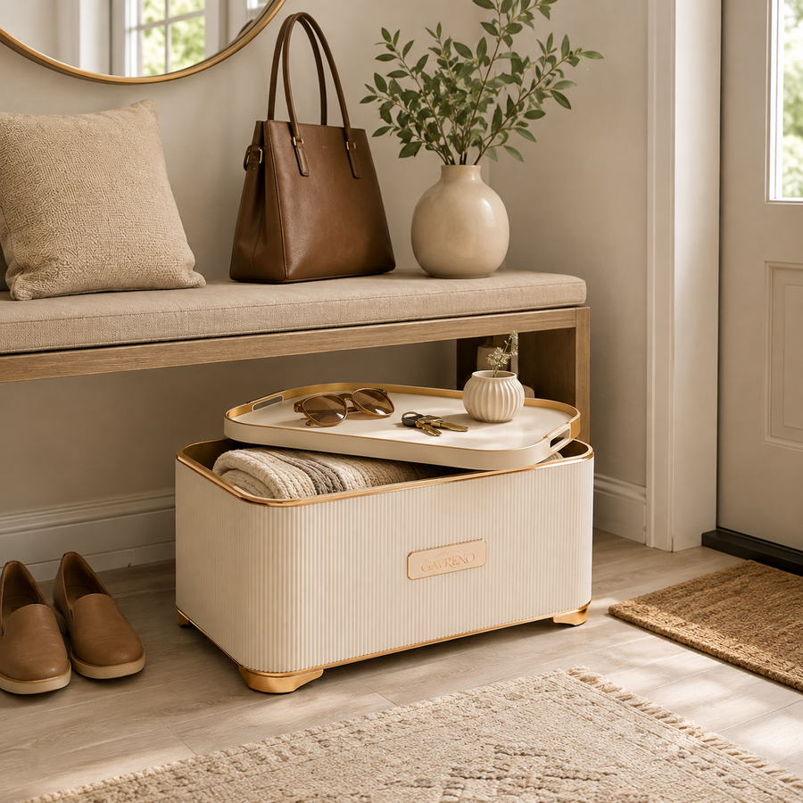 Gavreno Ribbed Blanket Storage Chest with Removable Tray Top & Hidden Storage
