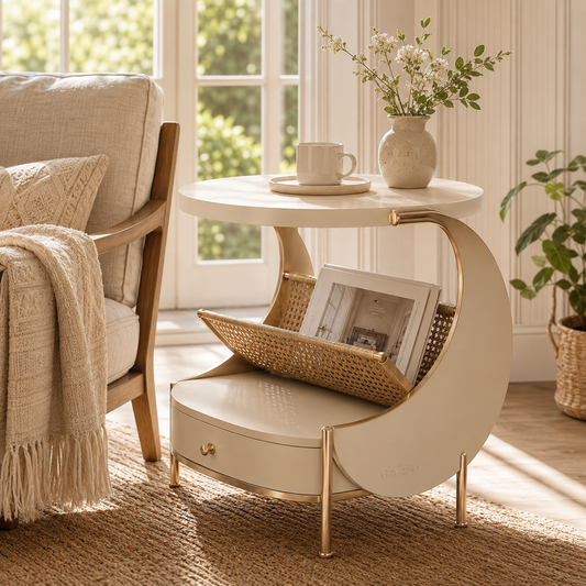 Gavreno Curved Side Table with Woven Magazine Rack & Storage Drawer
