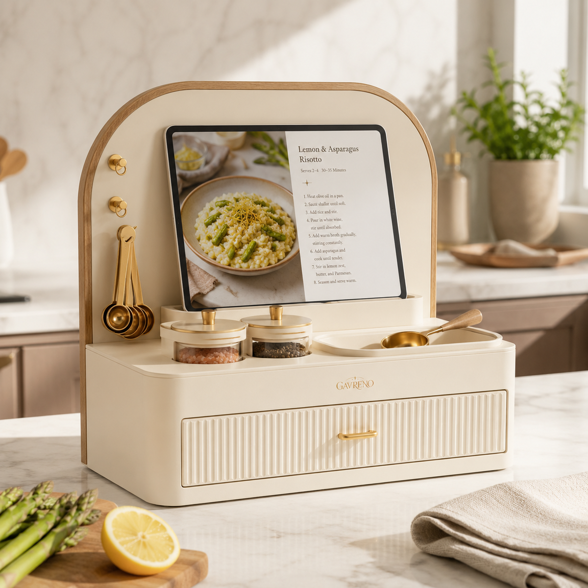 Gavreno Countertop Recipe Station Organizer with Tablet Holder, Measuring Spoon Hooks & Storage Drawer