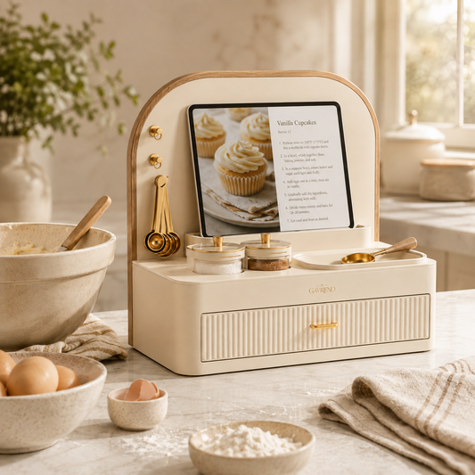 Gavreno Countertop Recipe Station Organizer with Tablet Holder, Measuring Spoon Hooks & Storage Drawer