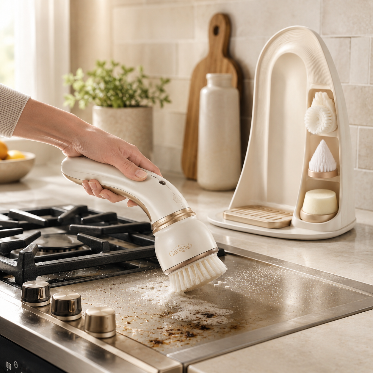Gavreno Multi-Head Electric Cleaning Brush with Storage Stand & Interchangeable Brush Heads