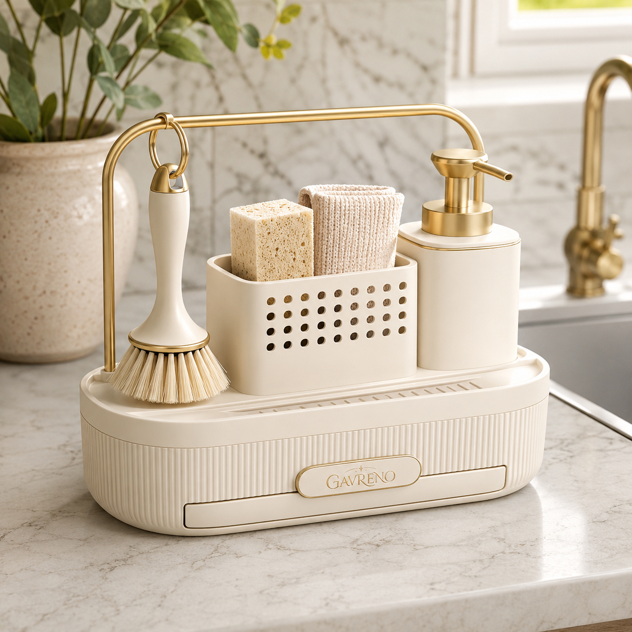 Gavreno Sink-Side Cleaning Station with Soap Dispenser, Brush Holder & Sponge Caddy